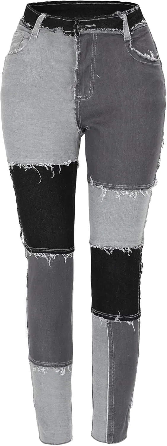THUNDER STAR Women High Waist Patchwork Jeans Stretchy Denim Pants
