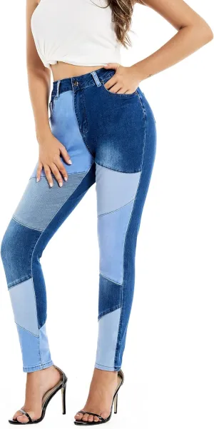 THUNDER STAR Women High Waist Patchwork Jeans Stretchy Denim Pants