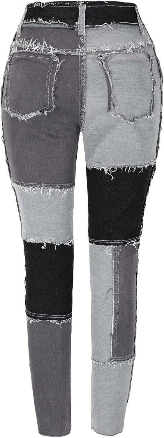 THUNDER STAR Women High Waist Patchwork Jeans Stretchy Denim Pants