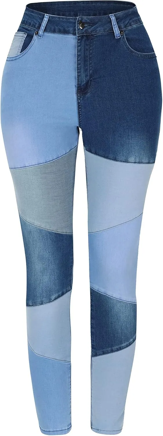 THUNDER STAR Women High Waist Patchwork Jeans Stretchy Denim Pants