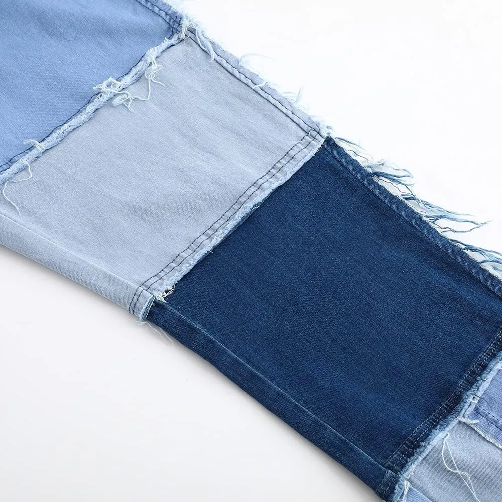 THUNDER STAR Women High Waist Patchwork Jeans Stretchy Denim Pants