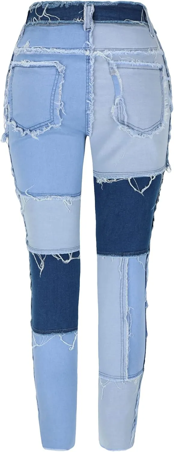 THUNDER STAR Women High Waist Patchwork Jeans Stretchy Denim Pants