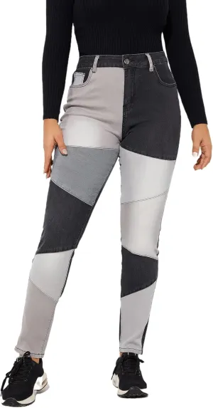 THUNDER STAR Women High Waist Patchwork Jeans Stretchy Denim Pants