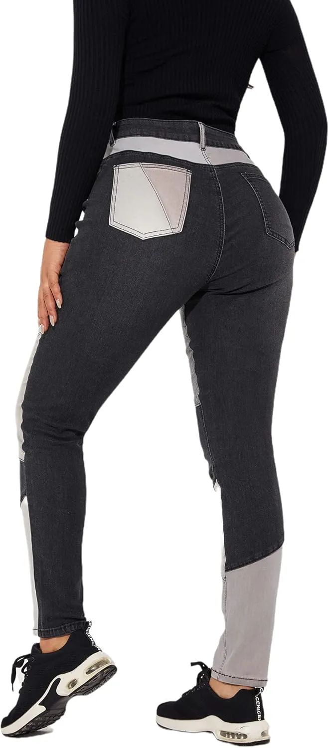 THUNDER STAR Women High Waist Patchwork Jeans Stretchy Denim Pants