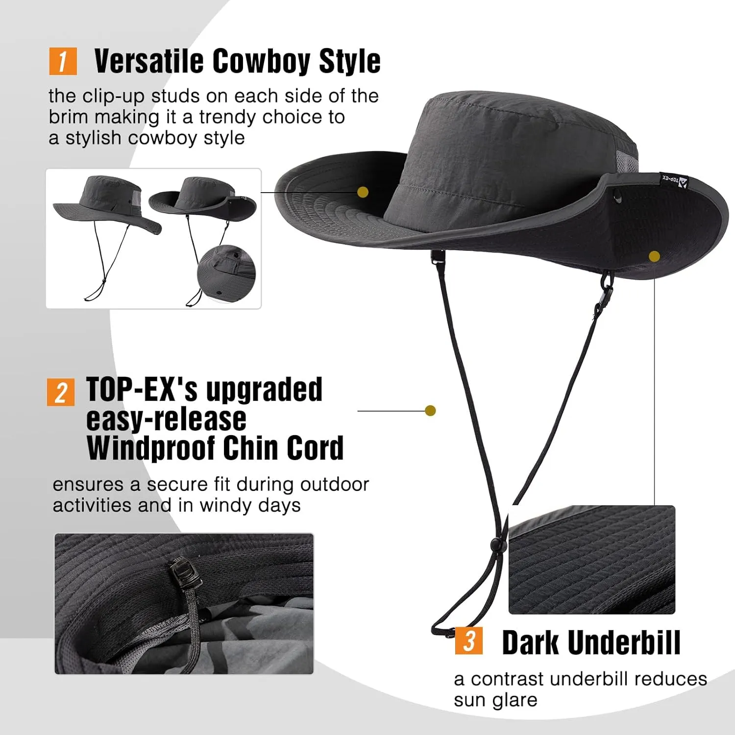 TOP-EX L/XL/XXL UV50  Waterproof Wide Brim Bucket Sun Hat for Summer Fishing Hiking w/Detachable Strap & Vented Mesh