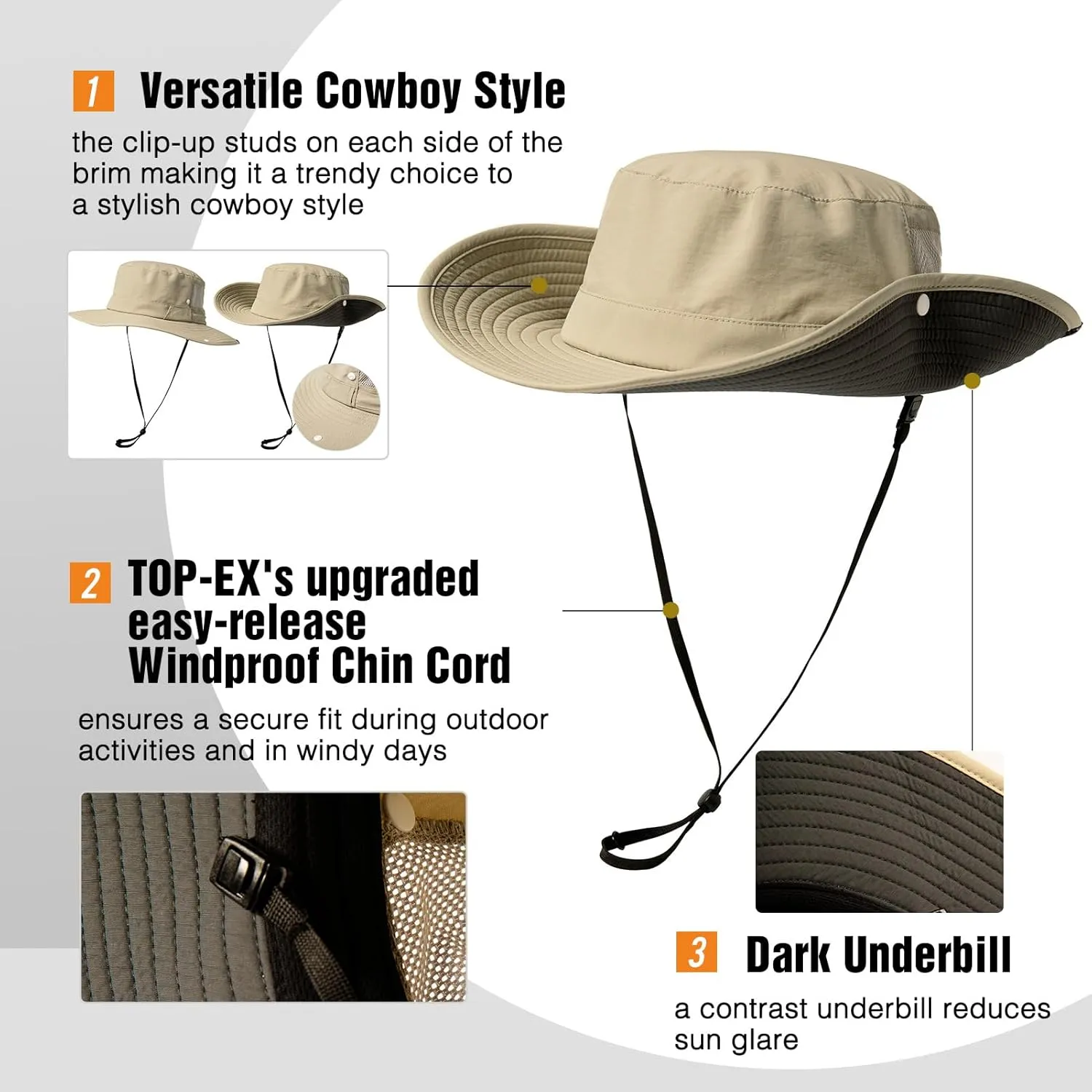 TOP-EX L/XL/XXL UV50  Waterproof Wide Brim Bucket Sun Hat for Summer Fishing Hiking w/Detachable Strap & Vented Mesh