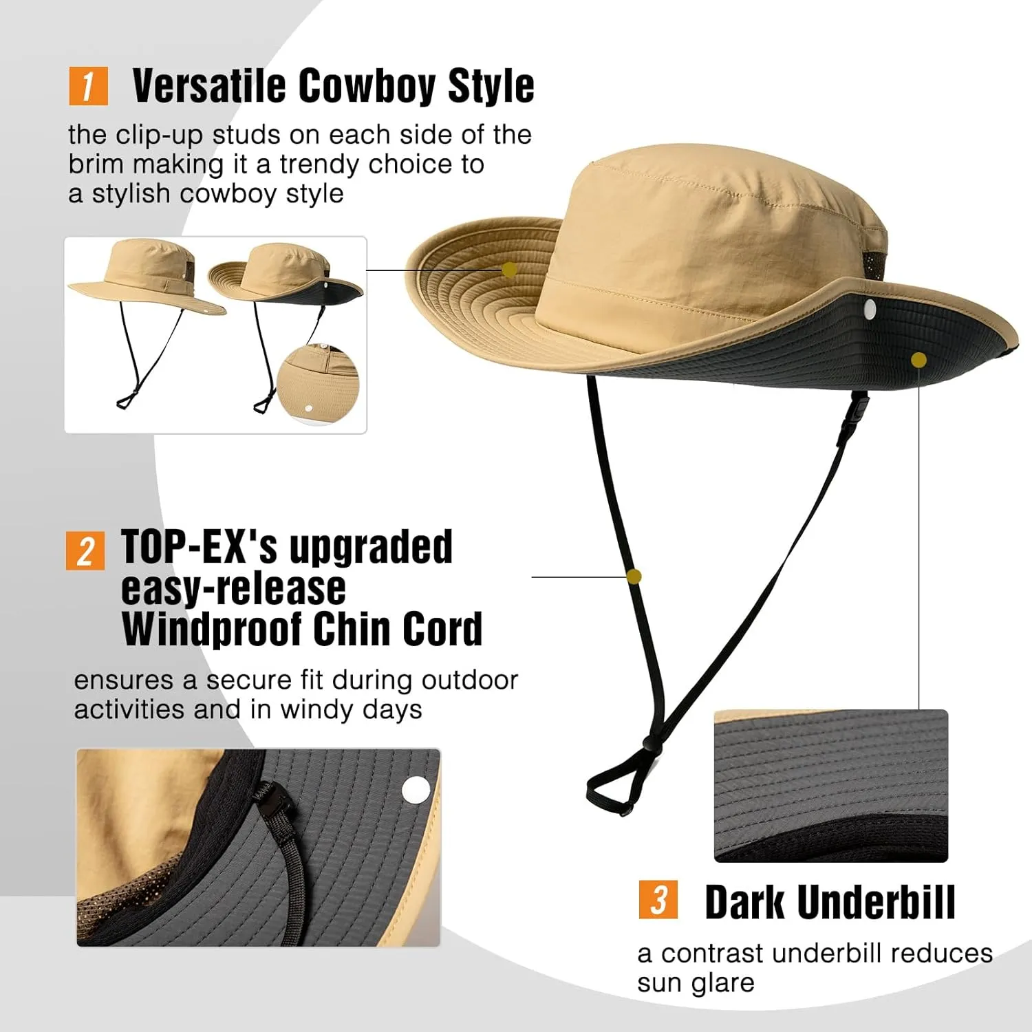 TOP-EX L/XL/XXL UV50  Waterproof Wide Brim Bucket Sun Hat for Summer Fishing Hiking w/Detachable Strap & Vented Mesh