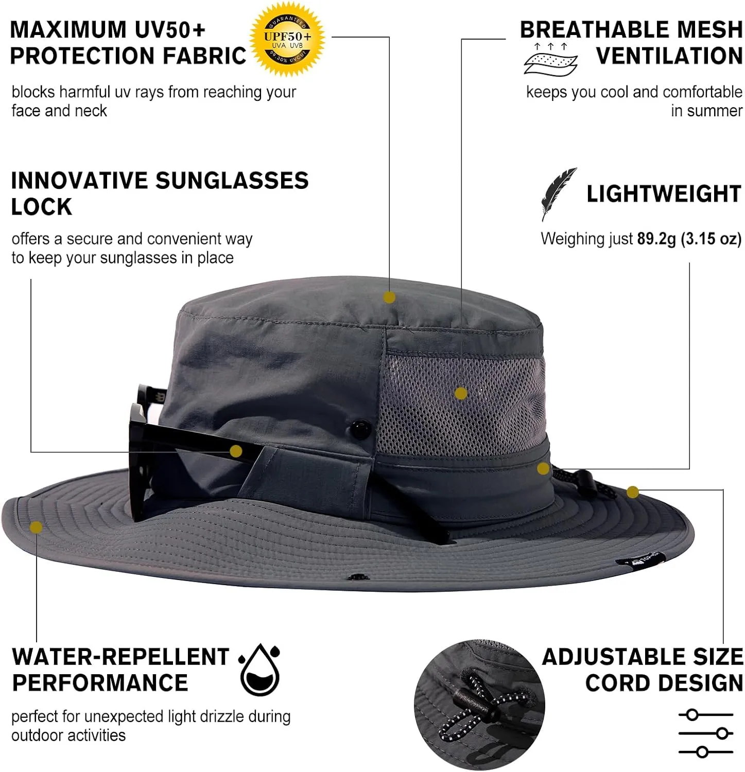 TOP-EX L/XL/XXL UV50  Waterproof Wide Brim Bucket Sun Hat for Summer Fishing Hiking w/Detachable Strap & Vented Mesh