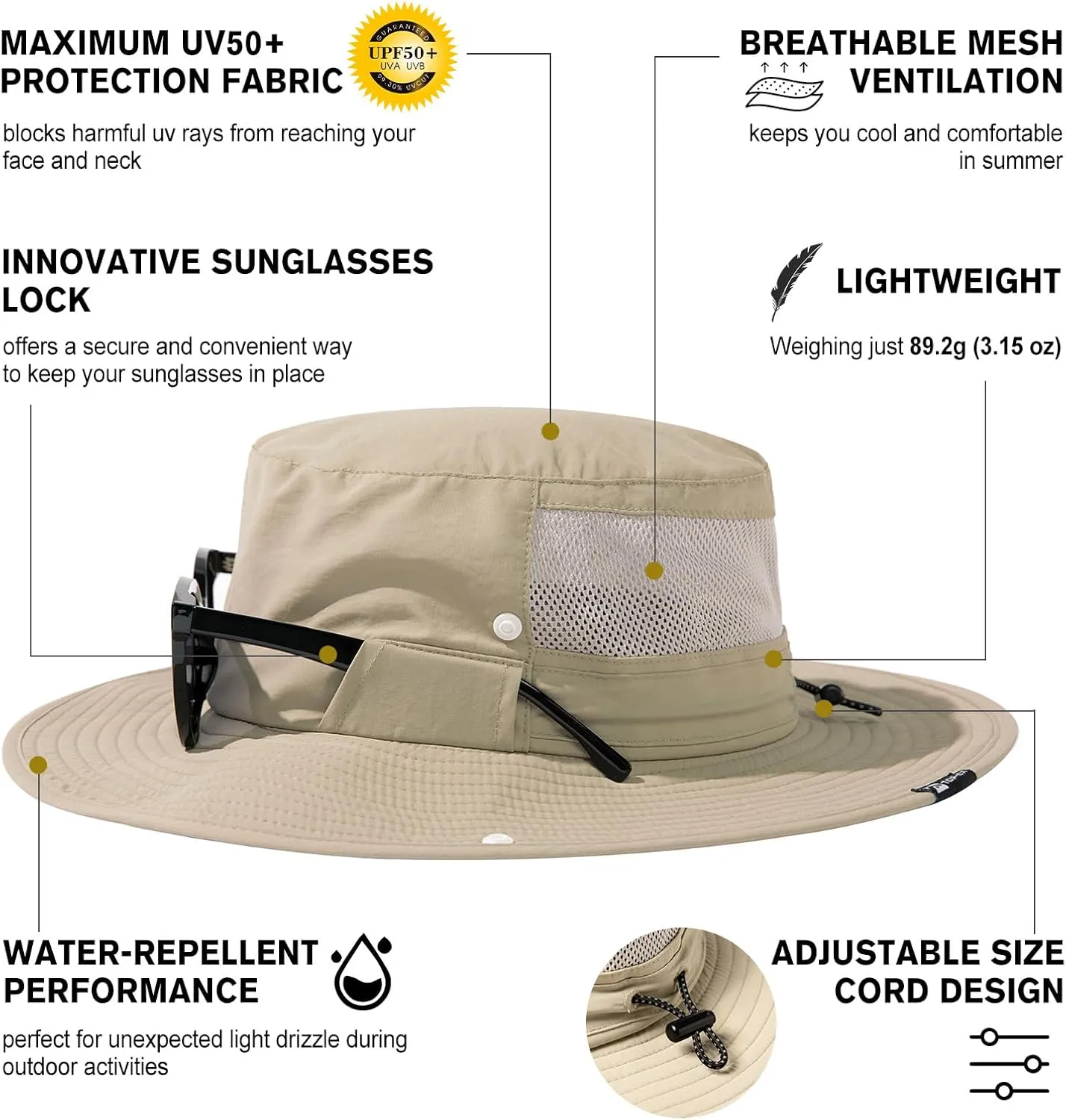 TOP-EX L/XL/XXL UV50  Waterproof Wide Brim Bucket Sun Hat for Summer Fishing Hiking w/Detachable Strap & Vented Mesh