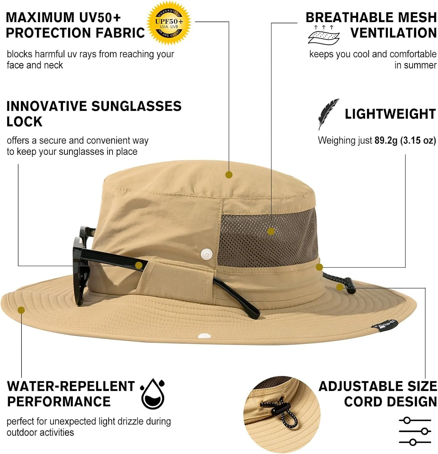 TOP-EX L/XL/XXL UV50  Waterproof Wide Brim Bucket Sun Hat for Summer Fishing Hiking w/Detachable Strap & Vented Mesh