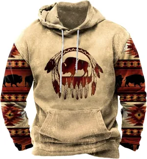 Tribal Aztec Hoodies for Men Oversized Vintage Ethnic Printed Graphic Sweatshirts Pockets Mens Tops Hooded Pullover