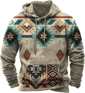 Tribal Aztec Hoodies for Men Oversized Vintage Ethnic Printed Graphic Sweatshirts Pockets Mens Tops Hooded Pullover