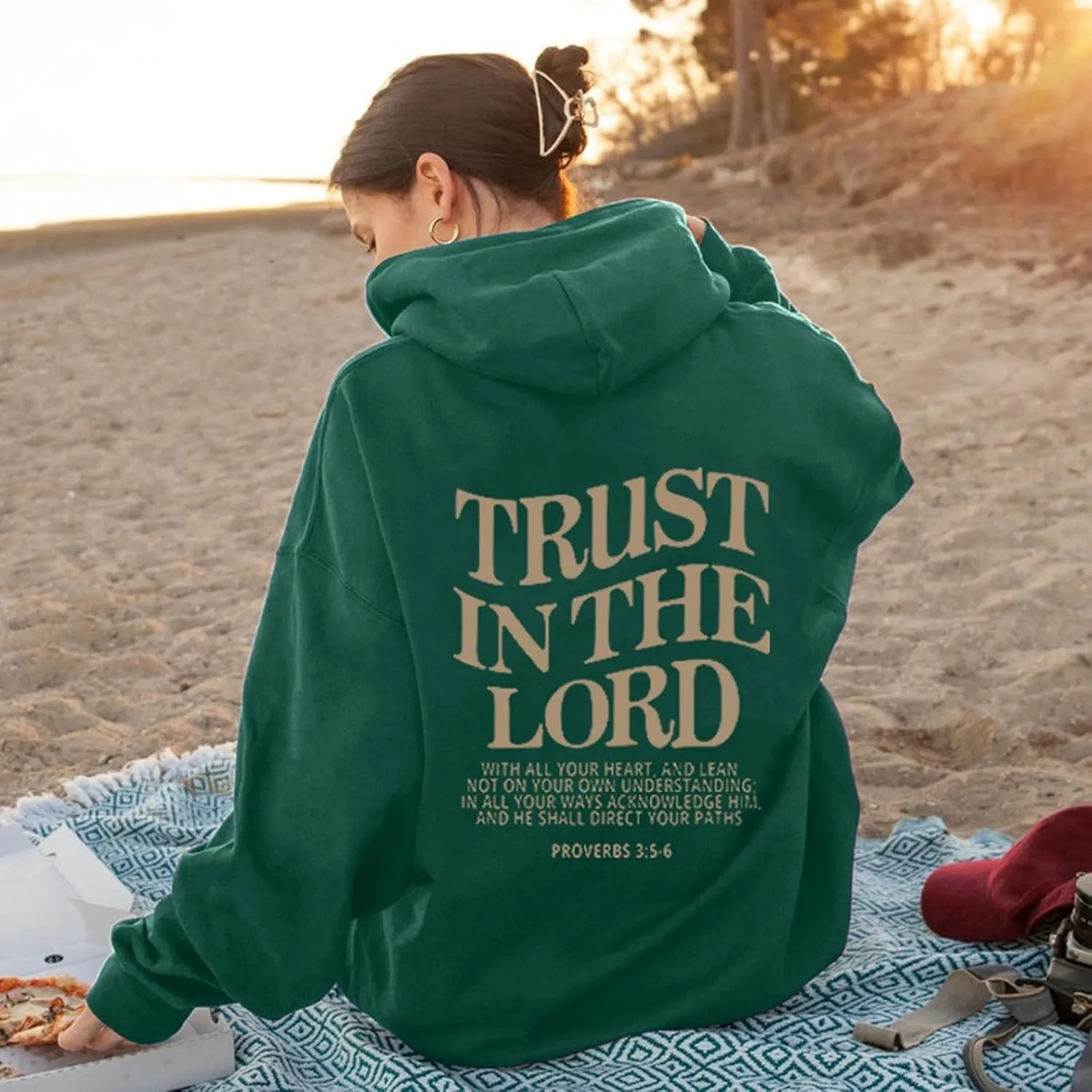 Trust in The Lord Letter Print Fashion Hoodies & Sweatshirts for Women Oversize Pullover with Kangaroos Pocket Drawstring Top