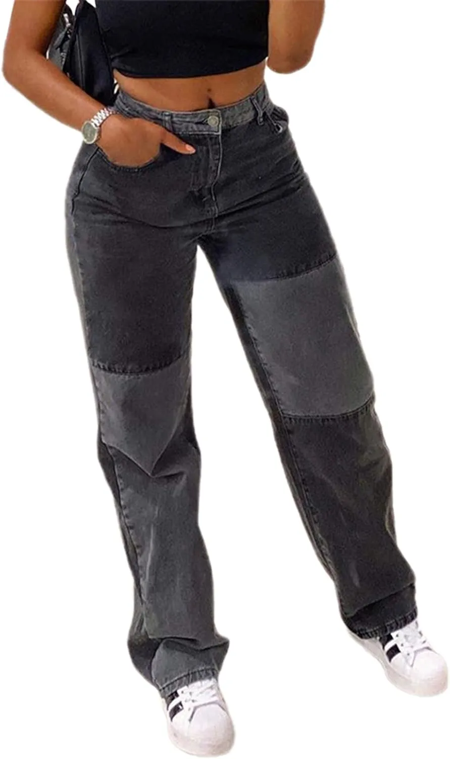 Viatabuna Patchwork Jeans for Women High Waisted Straight Leg Stretch Denim Pants Girls Fashion Color Block Patch Jeans