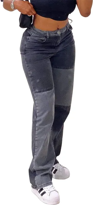 Viatabuna Patchwork Jeans for Women High Waisted Straight Leg Stretch Denim Pants Girls Fashion Color Block Patch Jeans