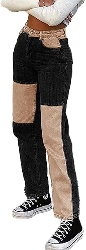 Viatabuna Patchwork Jeans for Women High Waisted Straight Leg Stretch Denim Pants Girls Fashion Color Block Patch Jeans