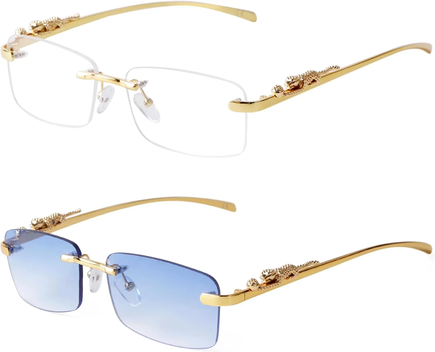 Vintage Rimless Rectangle Sunglasses for Women Men,Trendy Gold Metal Frameless Square Sun Glasses Transparent Eyewear