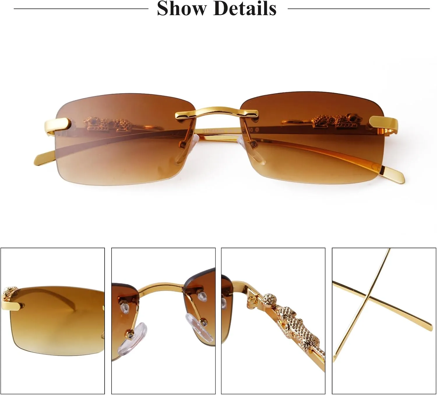 Vintage Rimless Rectangle Sunglasses for Women Men,Trendy Gold Metal Frameless Square Sun Glasses Transparent Eyewear