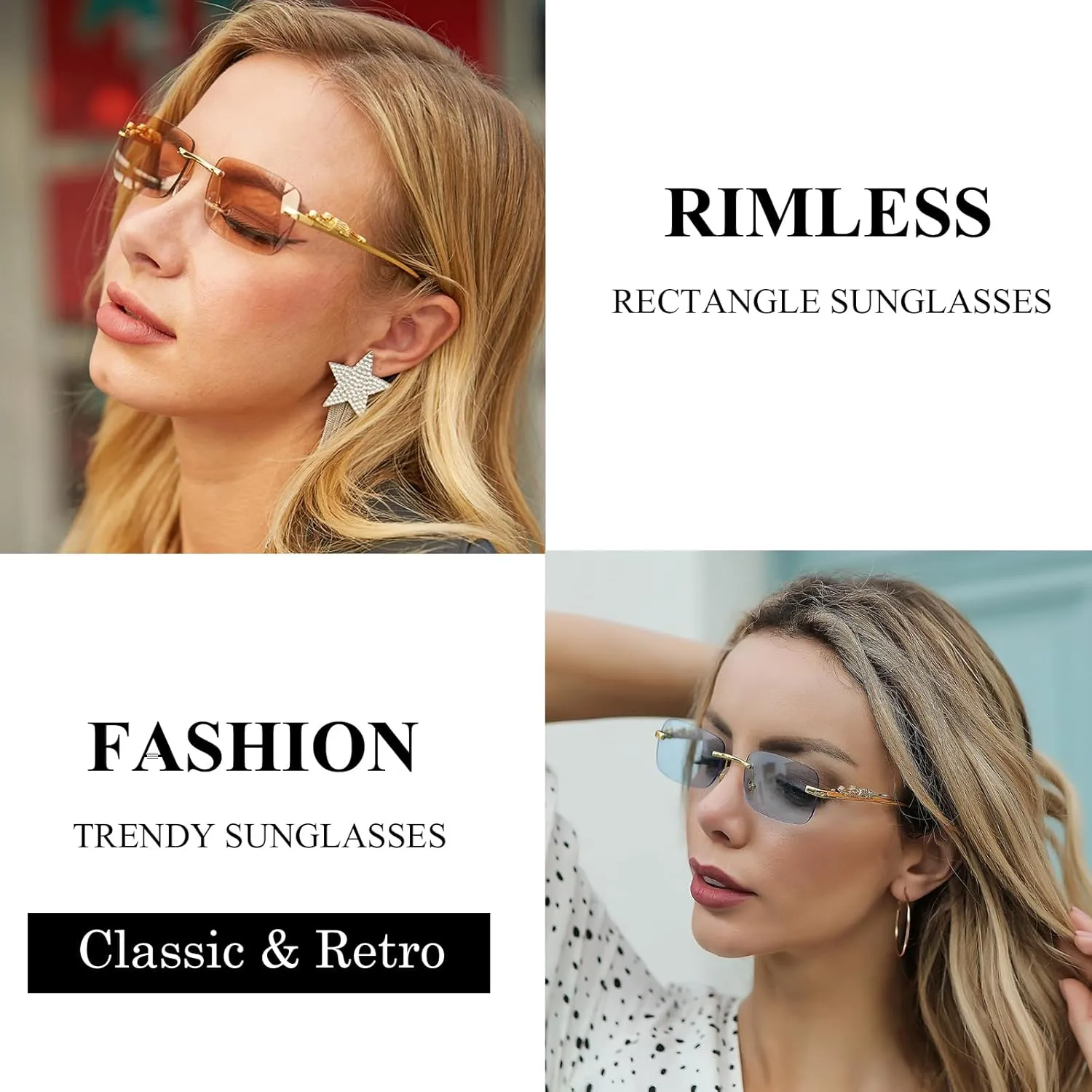Vintage Rimless Rectangle Sunglasses for Women Men,Trendy Gold Metal Frameless Square Sun Glasses Transparent Eyewear