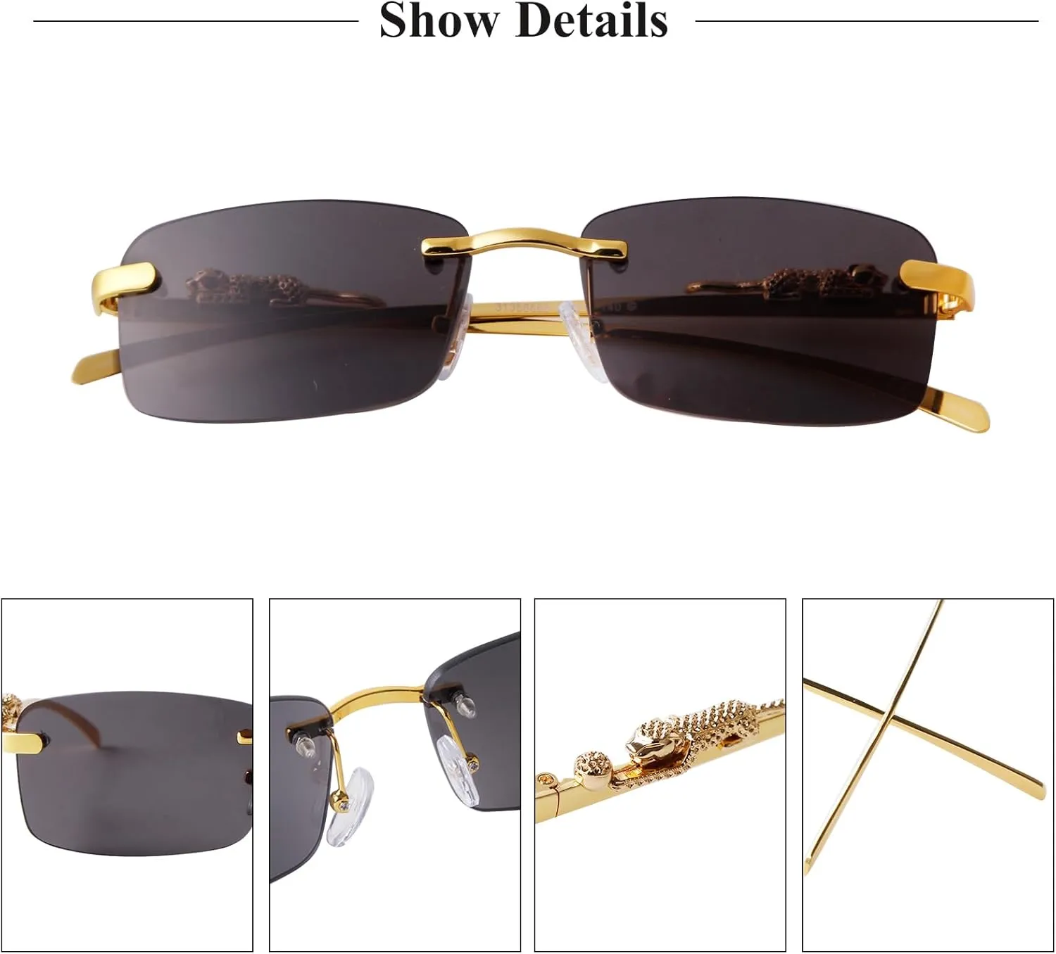 Vintage Rimless Rectangle Sunglasses for Women Men,Trendy Gold Metal Frameless Square Sun Glasses Transparent Eyewear