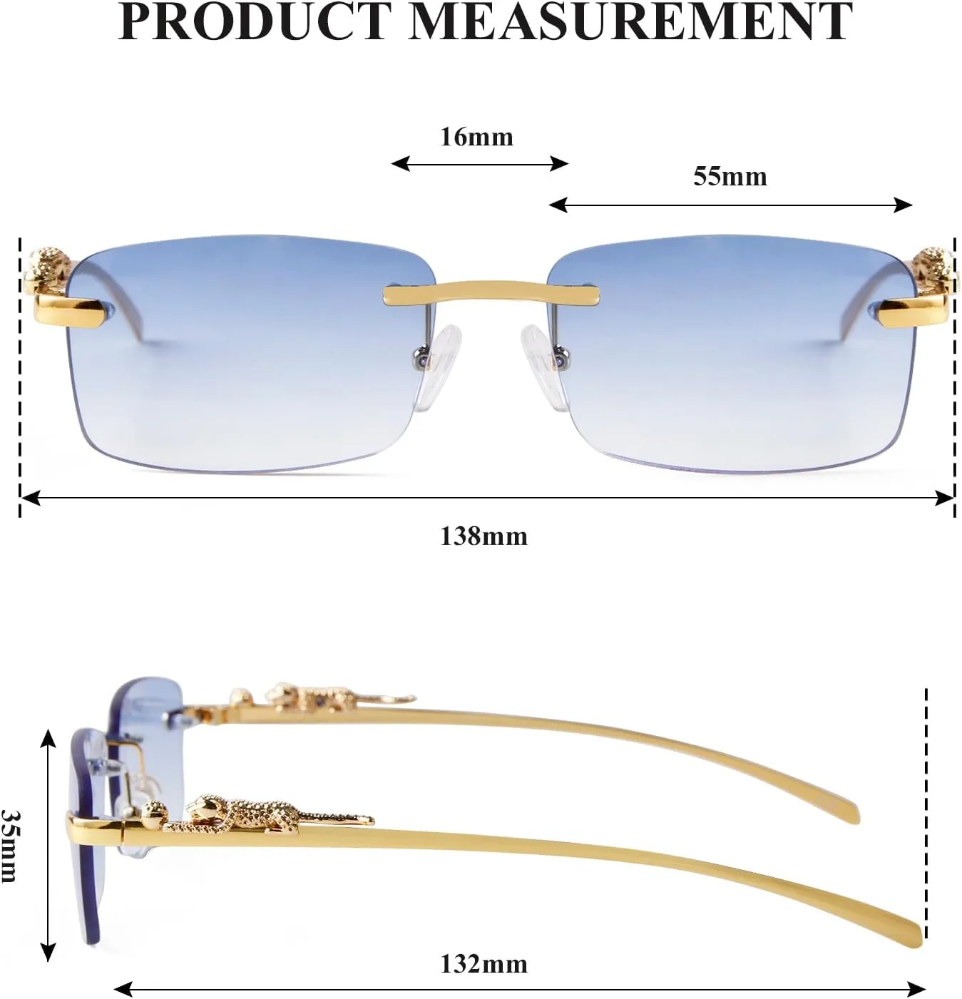 Vintage Rimless Rectangle Sunglasses for Women Men,Trendy Gold Metal Frameless Square Sun Glasses Transparent Eyewear