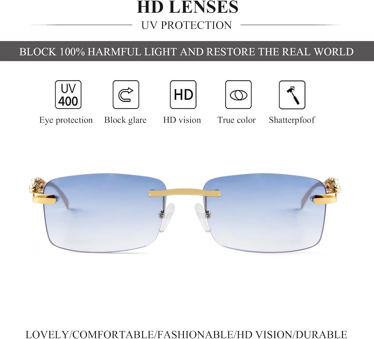 Vintage Rimless Rectangle Sunglasses for Women Men,Trendy Gold Metal Frameless Square Sun Glasses Transparent Eyewear