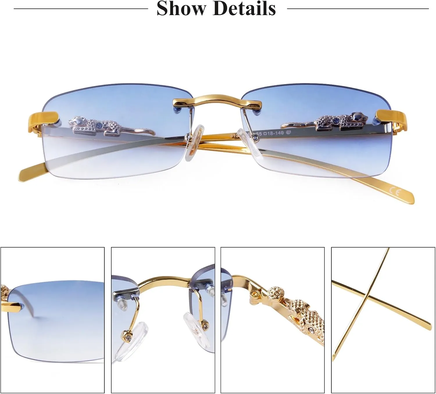 Vintage Rimless Rectangle Sunglasses for Women Men,Trendy Gold Metal Frameless Square Sun Glasses Transparent Eyewear