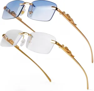 Vintage Rimless Rectangle Sunglasses for Women Men,Trendy Gold Metal Frameless Square Sun Glasses Transparent Eyewear