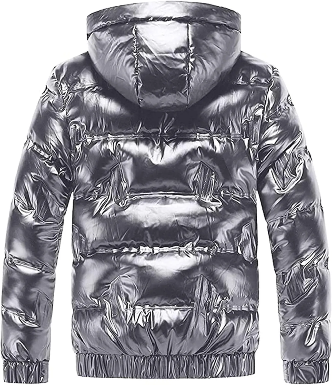 Winter Warm Men Puffer Coat with Fur Hood,Shiny Hooded Reflective Padded Coat Plus Size Bomber Alternative Down Jacket
