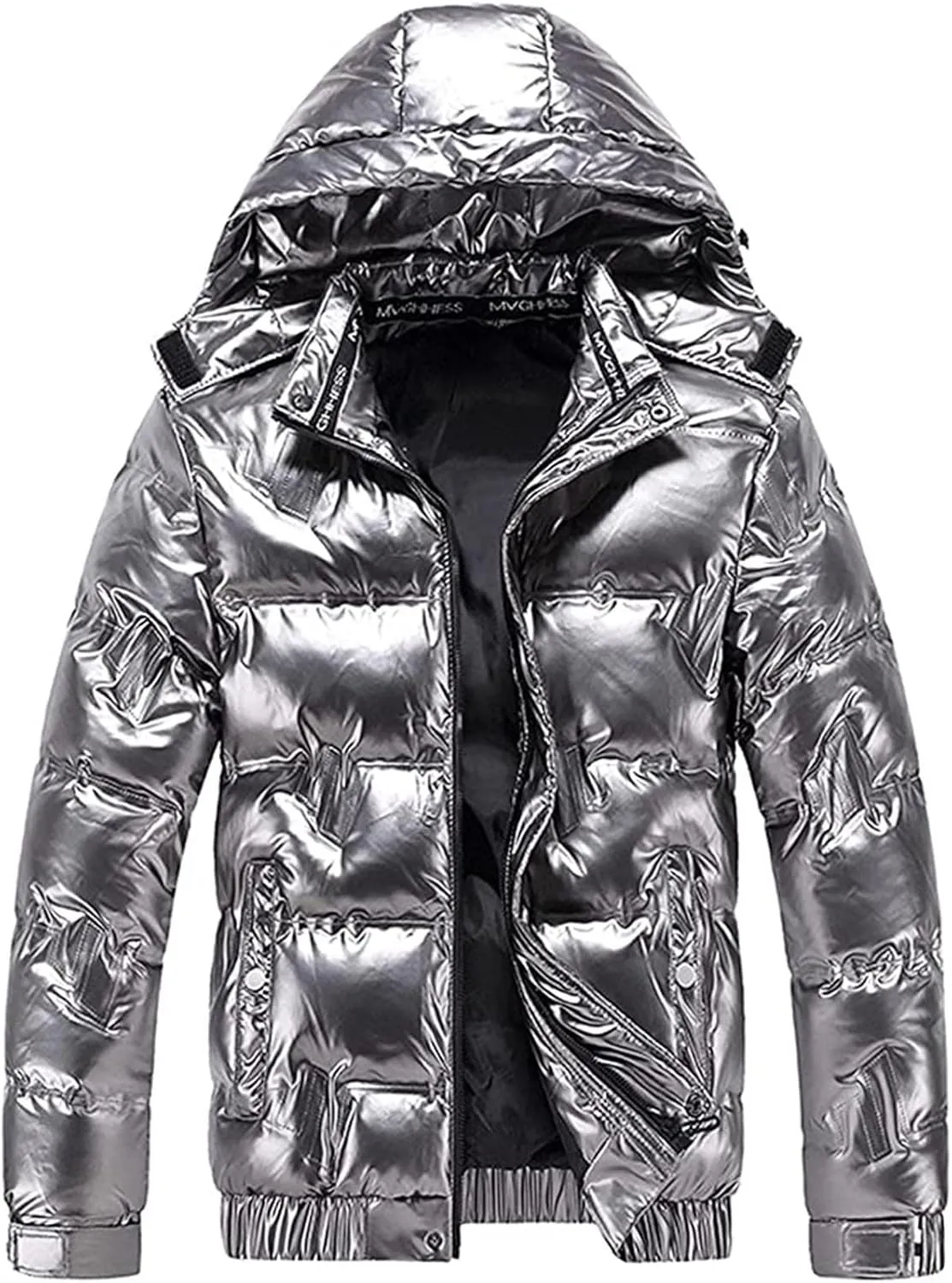 Winter Warm Men Puffer Coat with Fur Hood,Shiny Hooded Reflective Padded Coat Plus Size Bomber Alternative Down Jacket