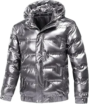 Winter Warm Men Puffer Coat with Fur Hood,Shiny Hooded Reflective Padded Coat Plus Size Bomber Alternative Down Jacket