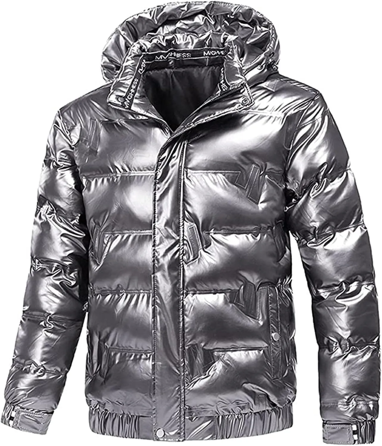 Winter Warm Men Puffer Coat with Fur Hood,Shiny Hooded Reflective Padded Coat Plus Size Bomber Alternative Down Jacket