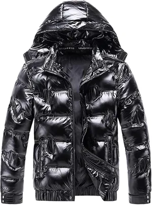 Winter Warm Men Puffer Coat with Fur Hood,Shiny Hooded Reflective Padded Coat Plus Size Bomber Alternative Down Jacket