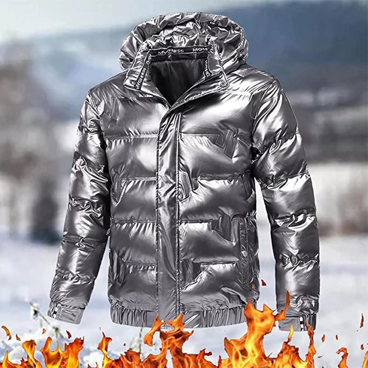 Winter Warm Men Puffer Coat with Fur Hood,Shiny Hooded Reflective Padded Coat Plus Size Bomber Alternative Down Jacket