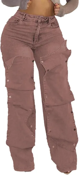 Women Detachable Straight Leg Jeans Y2k High Waisted Cargo Jeans Patchwork Denim Pants