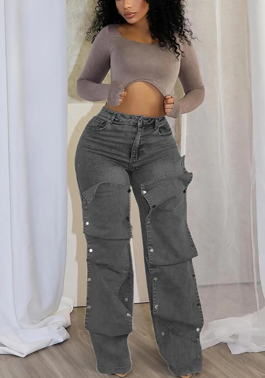 Women Detachable Straight Leg Jeans Y2k High Waisted Cargo Jeans Patchwork Denim Pants