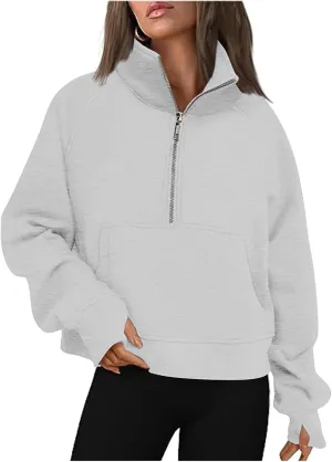 Women Half Zip Hooded Sweatshirt Thumb Hole Hoodie Pullover with Kangaroo Pocket Raglan Sleeve Quarter Zipper Hoodie