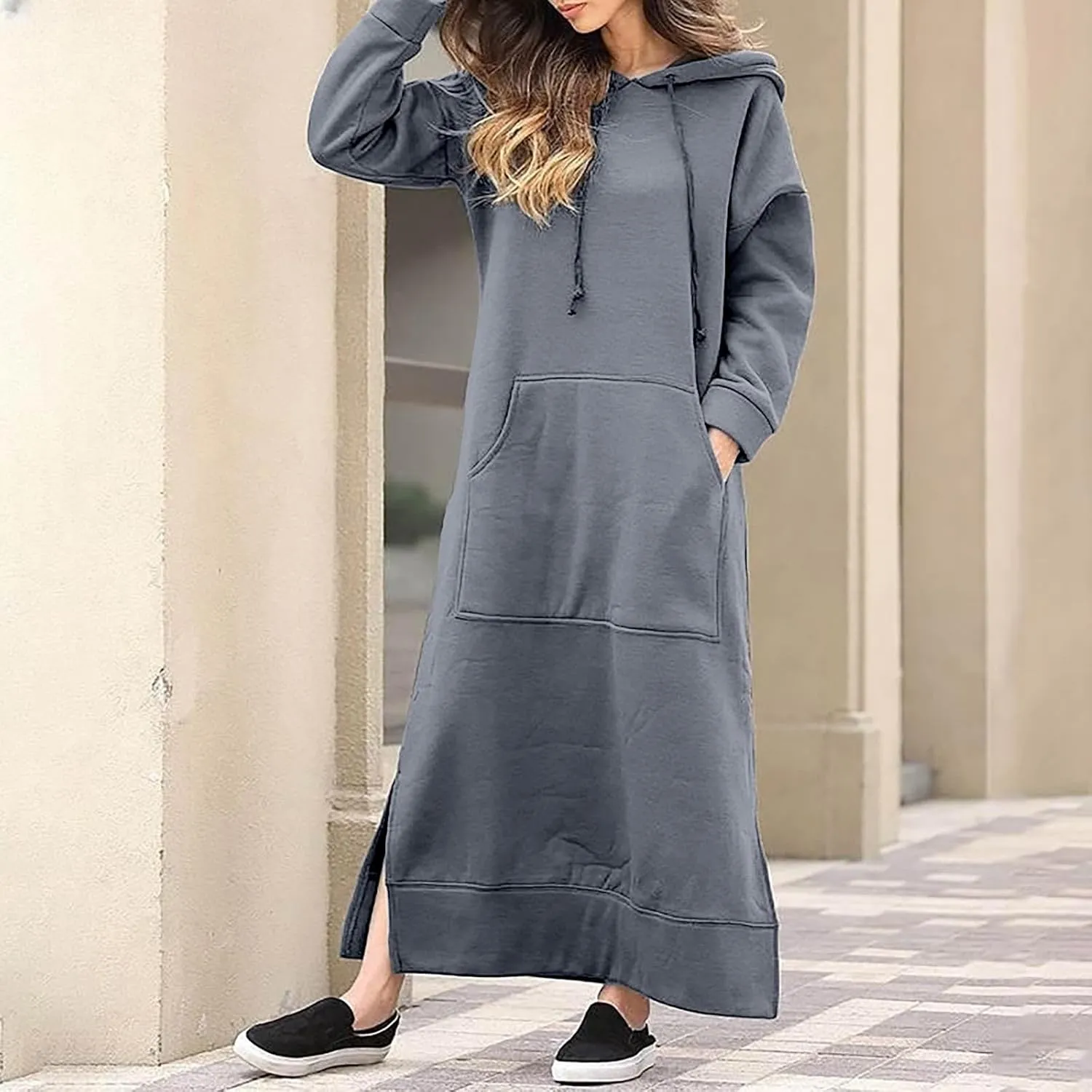 Women Hooded Maxi Dress Casual Loose Sweatshirt Long Dress Winter Fall Drawstring Slit Hoodie Dresses with Pocket