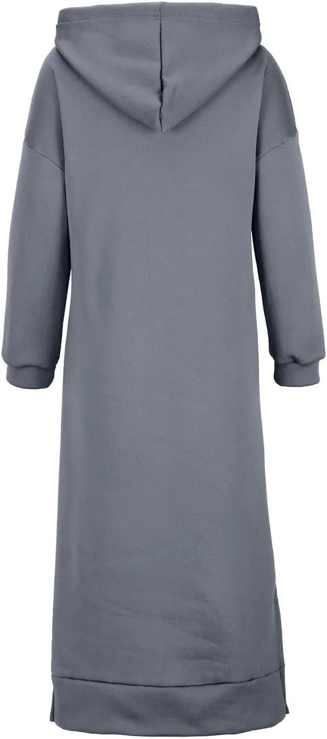 Women Hooded Maxi Dress Casual Loose Sweatshirt Long Dress Winter Fall Drawstring Slit Hoodie Dresses with Pocket