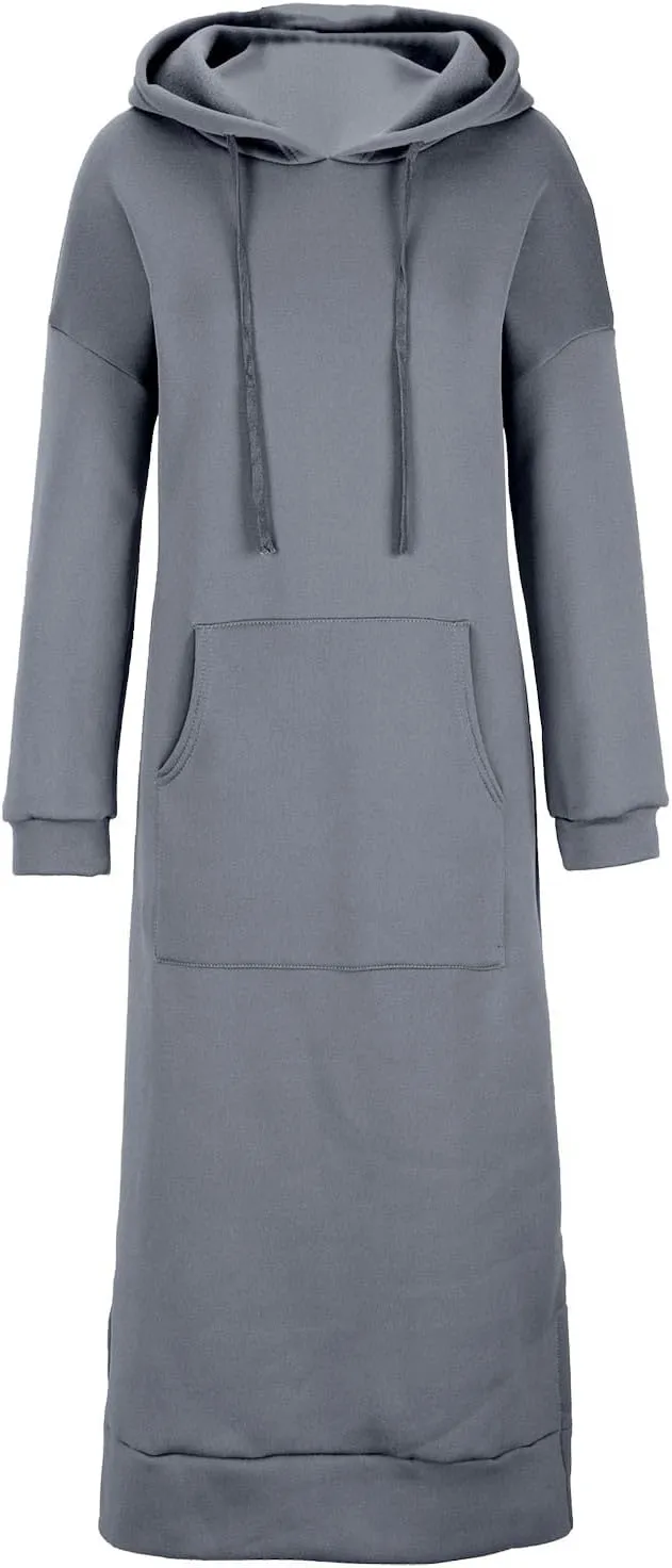Women Hooded Maxi Dress Casual Loose Sweatshirt Long Dress Winter Fall Drawstring Slit Hoodie Dresses with Pocket