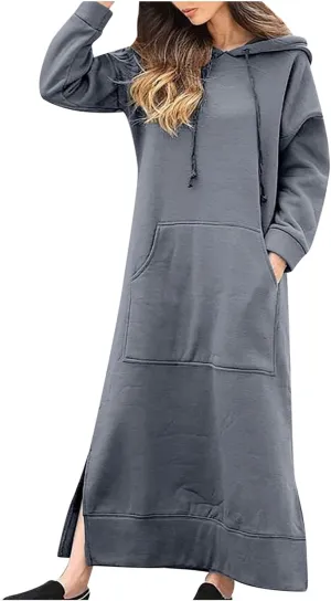 Women Hooded Maxi Dress Casual Loose Sweatshirt Long Dress Winter Fall Drawstring Slit Hoodie Dresses with Pocket