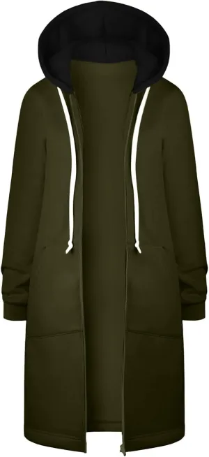 Women Longline Zip Up Hoodies Jackets Fleece Lined Long Sweatshirt Coats Loose Patchwork Hooded Jacket Outerwear