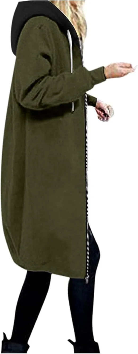 Women Longline Zip Up Hoodies Jackets Fleece Lined Long Sweatshirt Coats Loose Patchwork Hooded Jacket Outerwear