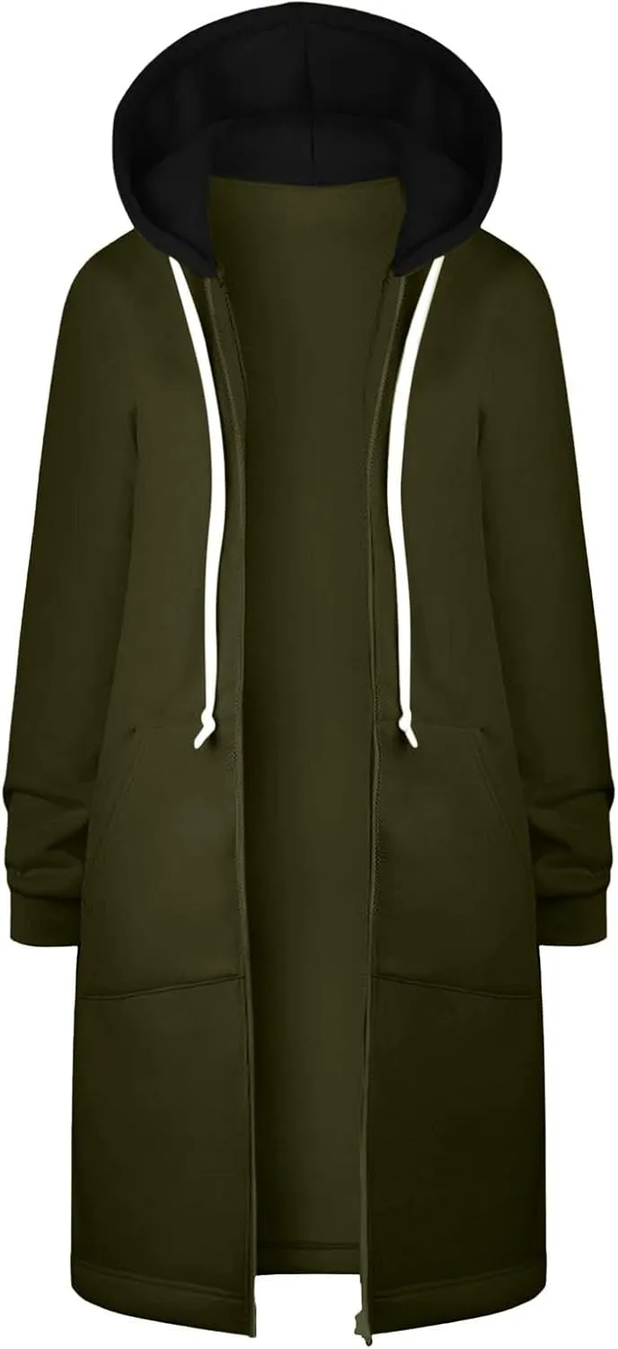 Women Longline Zip Up Hoodies Jackets Fleece Lined Long Sweatshirt Coats Loose Patchwork Hooded Jacket Outerwear