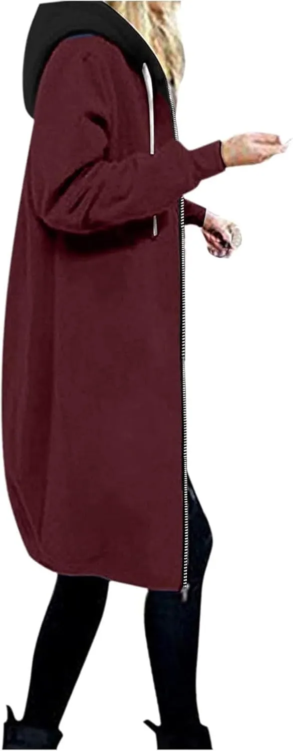 Women Longline Zip Up Hoodies Jackets Fleece Lined Long Sweatshirt Coats Loose Patchwork Hooded Jacket Outerwear