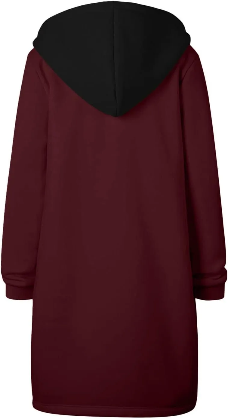 Women Longline Zip Up Hoodies Jackets Fleece Lined Long Sweatshirt Coats Loose Patchwork Hooded Jacket Outerwear