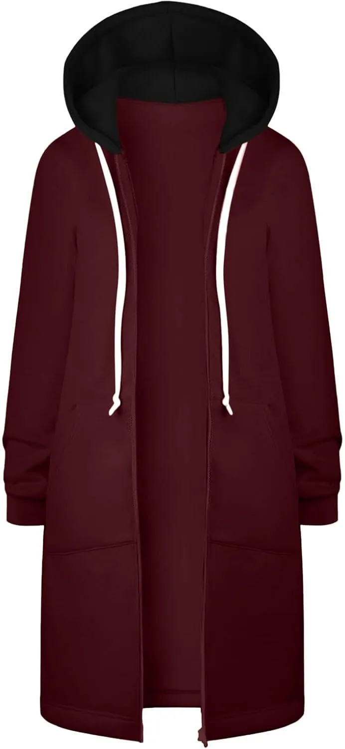 Women Longline Zip Up Hoodies Jackets Fleece Lined Long Sweatshirt Coats Loose Patchwork Hooded Jacket Outerwear