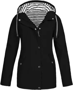Women Waterproof Rain Jacket Lightweight Windproof Trench Coats Zip Button Hooded Hiking Jacket Utility Outdoor Coat