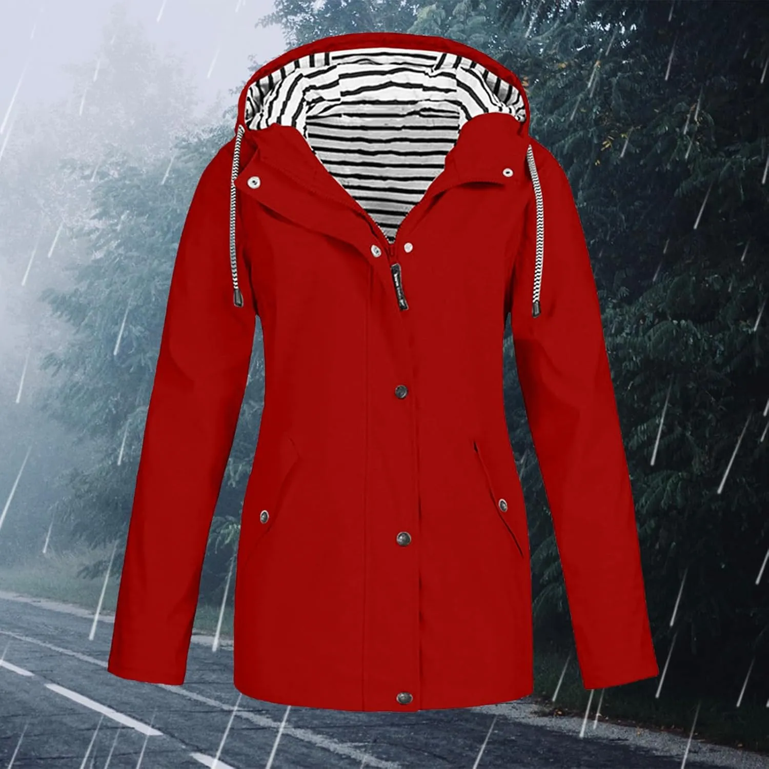 Women Waterproof Rain Jacket Lightweight Windproof Trench Coats Zip Button Hooded Hiking Jacket Utility Outdoor Coat