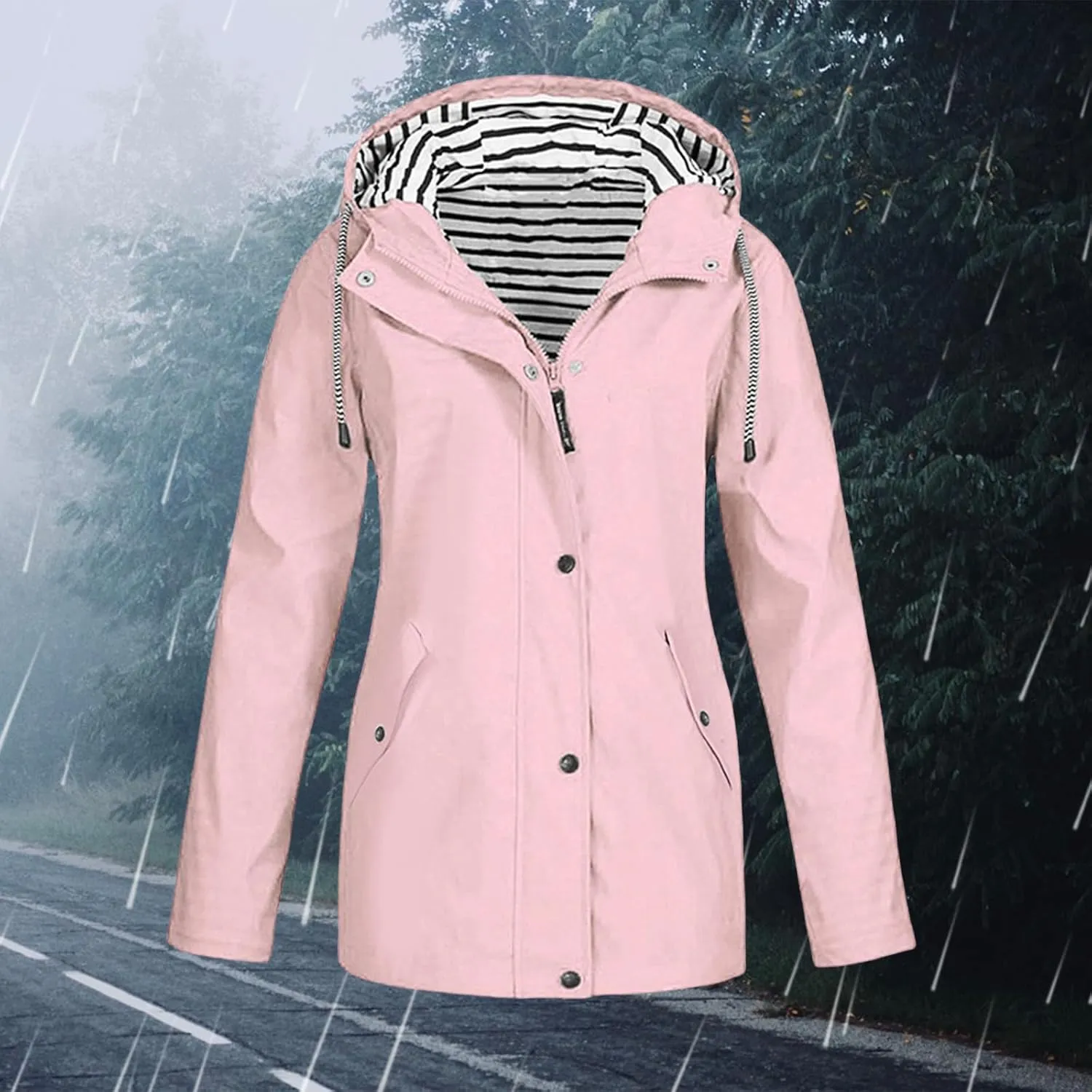 Women Waterproof Rain Jacket Lightweight Windproof Trench Coats Zip Button Hooded Hiking Jacket Utility Outdoor Coat
